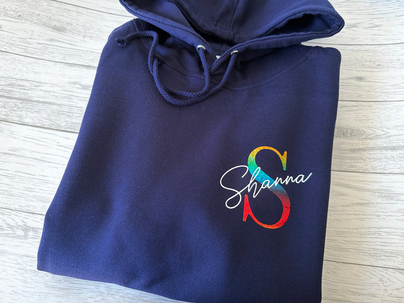 Personalised UNISEX NAVY hoodie with letter name detail