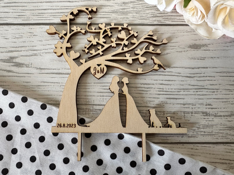 Personalised wooden Wedding tree cake topper Mrs & Mrs with animals Any initials date