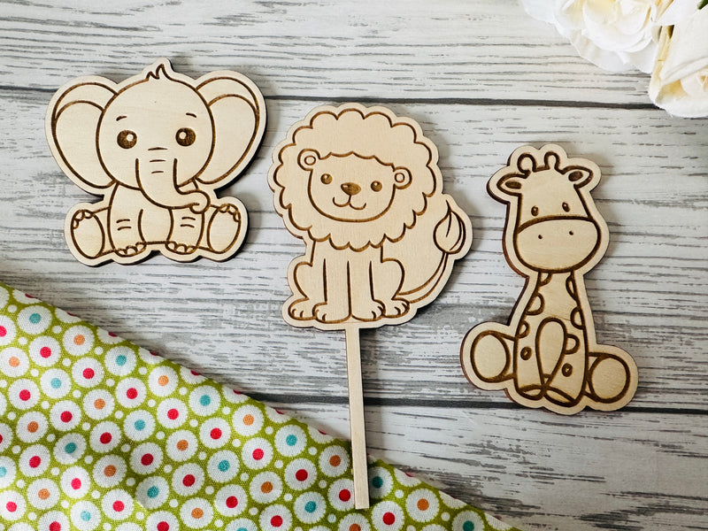 Custom wooden Safari Birthday cake topper charms animals