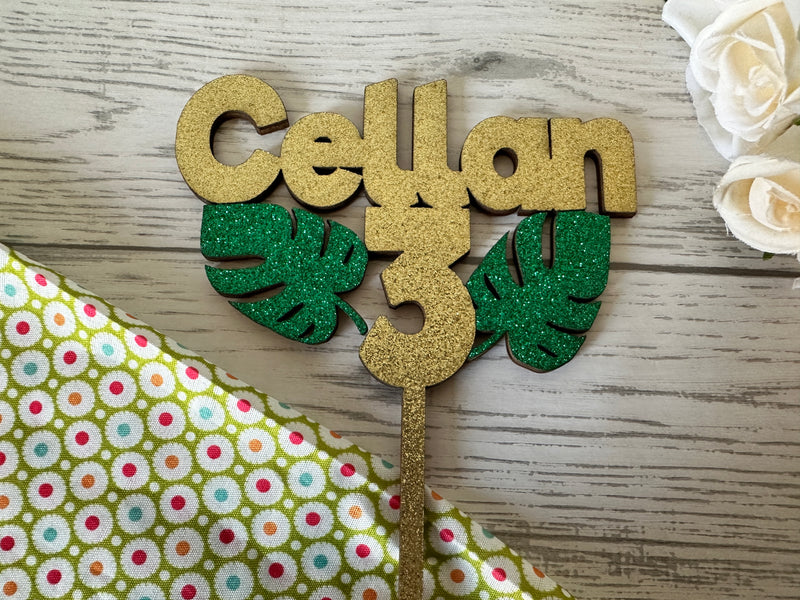 Personalised wooden birthday Birthday Safari leaf cake topper Any name any age