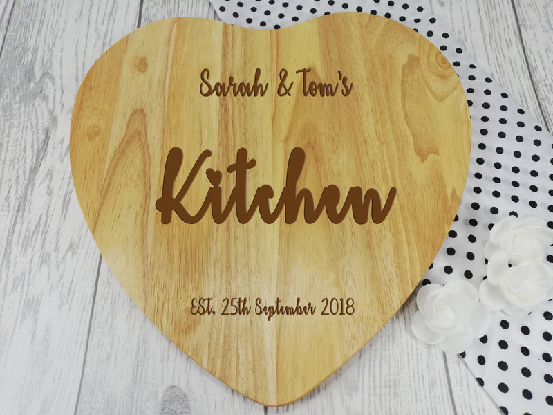 Personalised Engraved Wooden Heart Kitchen Chopping board Wedding Gift Any Name Date