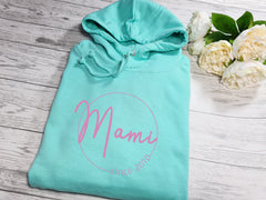 Personalised UNISEX MINT hoodie with circle Mum since any name