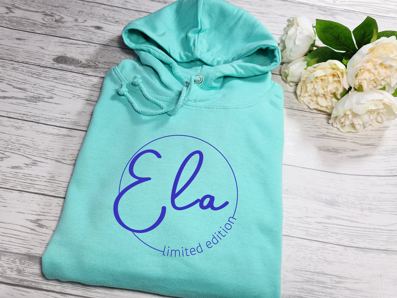 Personalised UNISEX MINT hoodie with circle Name limited edition detail