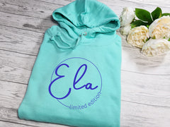 Personalised UNISEX MINT hoodie with circle Name limited edition detail