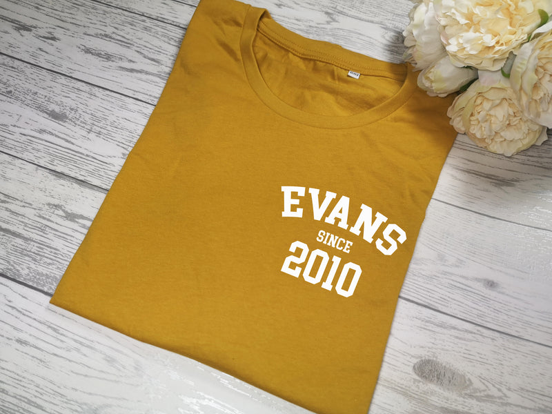 Personalised Women's MUSTARD t-shirt Surname since year detail