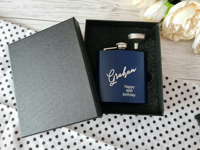 Personalised Birthday NAME Engraved Navy or Black stainless steel hip flask 6oz  Any name and age