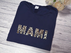 Personalised Women's Navy t-shirt Bold Mummy / Mami / Name with choice of colour detail
