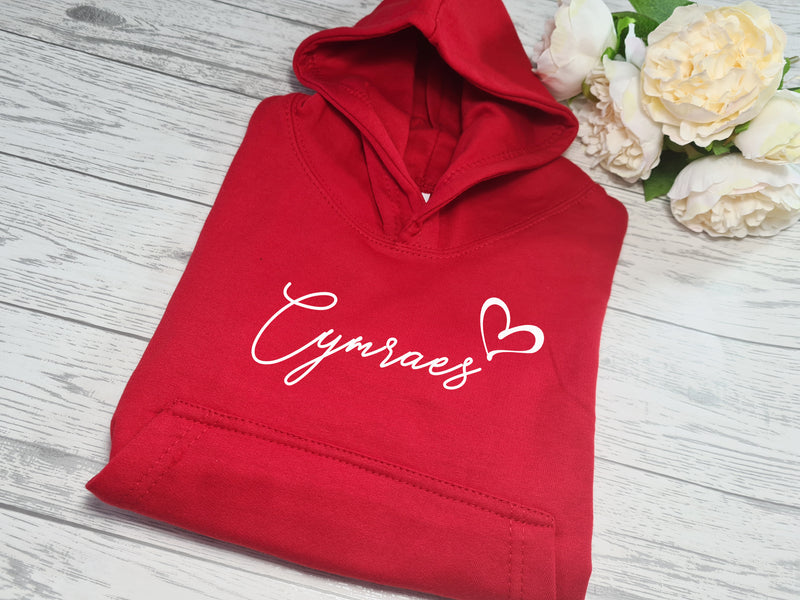 Custom WELSH Kids RED hoodie with CYMRAES heart detail