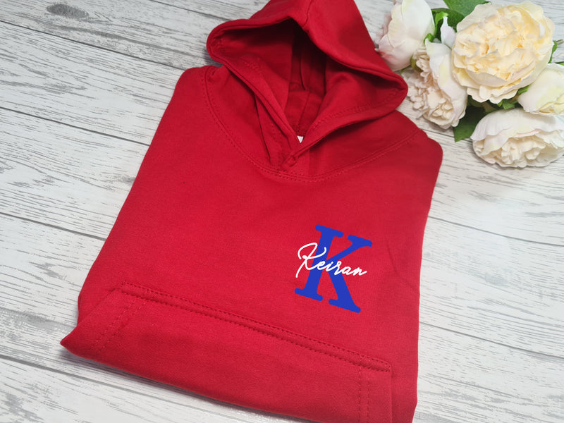 Personalised Kids RED hoodie with letter and name detail for Boys and girls