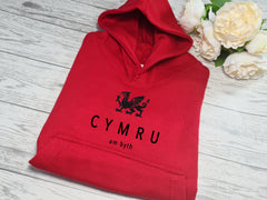 Custom WELSH dragon Kids RED hoodie with CYMRU am byth detail for Boys and girls