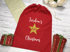 Personalised Small RED 1st Christmas Santa sack bag add a name