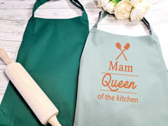 Personalised adult QUEEN of the kitchen apron in Green or Sage