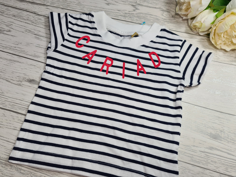 Personalised BABY welsh  Navy stripy T-shirt Collar detail Lysh ciwt hapus cariad any word