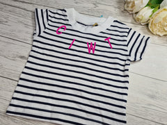 Personalised BABY welsh  Navy stripy T-shirt Collar detail Lysh ciwt hapus cariad any word