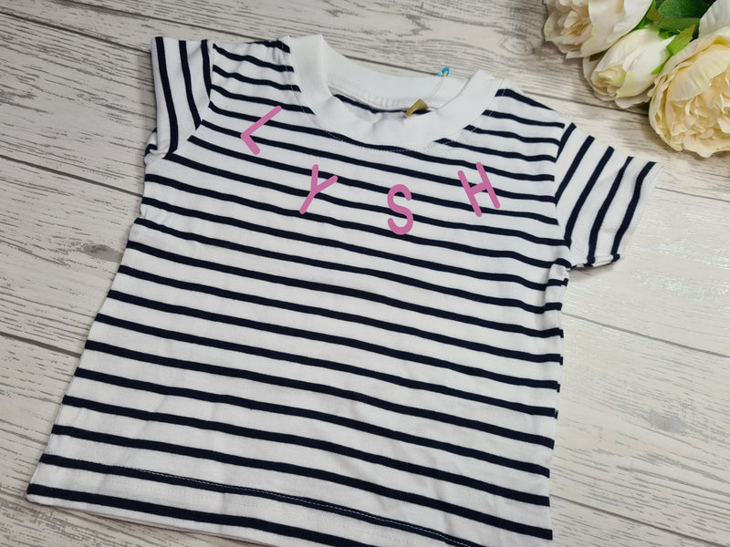 Personalised BABY welsh  Navy stripy T-shirt Collar detail Lysh ciwt hapus cariad any word