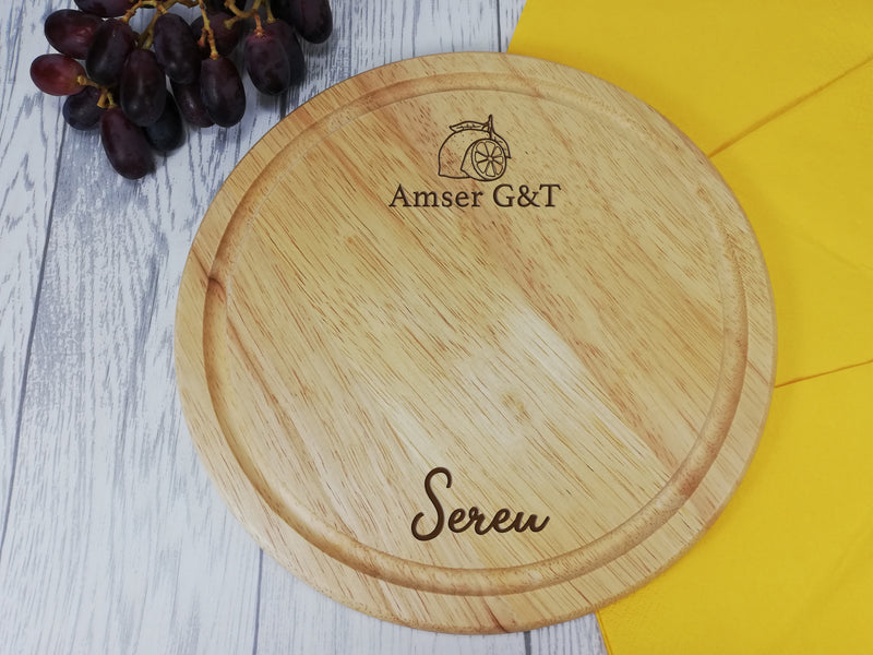 Personalised Engraved Wooden Round Welsh G&T lemon Gin Chopping board