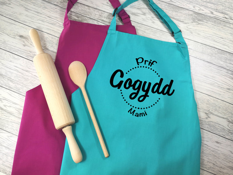 Personalised adult Welsh Prif gogydd apron in raspberry or duck egg blue