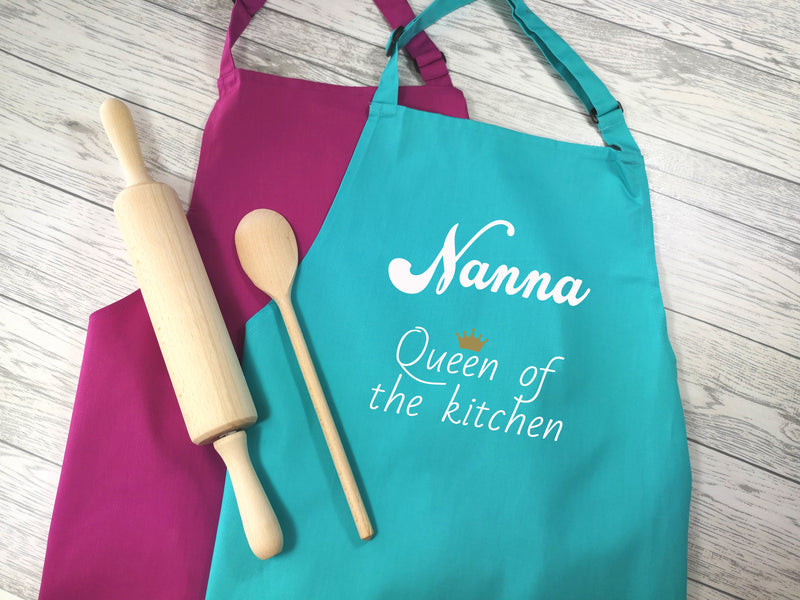 Personalised adults Queen of the kitchen apron in raspberry or duck egg blue