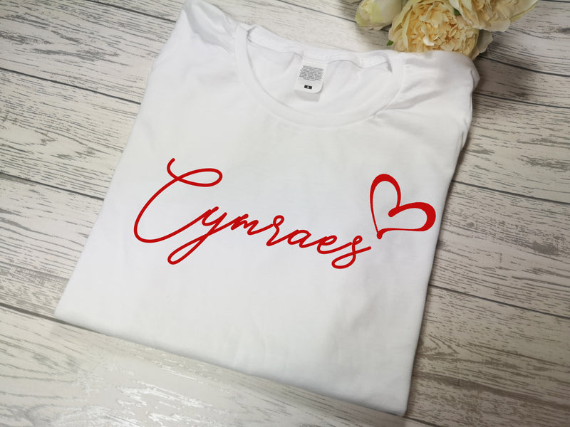 Custom Welsh WHITE Kids CYMRAES heart t-shirt with choice of colour detail
