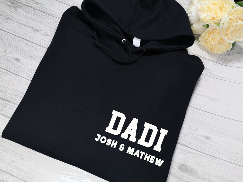 Personalised Mens BLACK hoodie with Dad and kids names detail