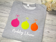 Custom Unisex HEATHER GREY welsh  NADOLIG LLAWEN neon 3 baubles jumper