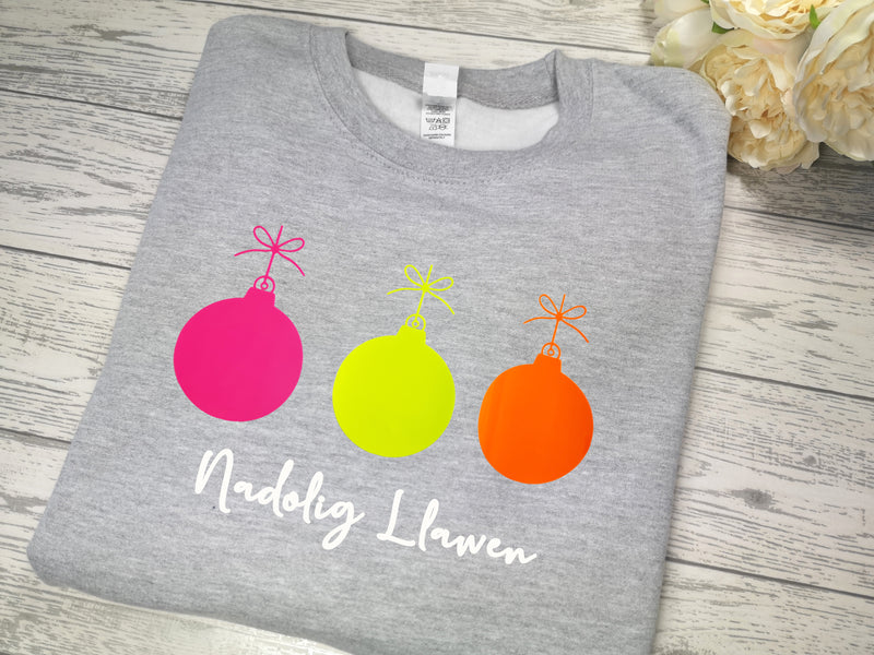 Custom Kids  Heather GREY welsh  NADOLIG LLAWEN neon 3 baubles jumper