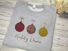 Custom Unisex HEATHER GREY welsh  NADOLIG LLAWEN TARTAN 3 baubles jumper