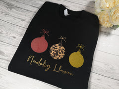 Custom Unisex BLACK welsh  NADOLIG LLAWEN chrome leopard 3 baubles jumper