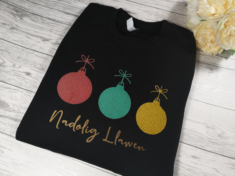 Custom Unisex BLACK welsh  NADOLIG LLAWEN glitter 3 baubles jumper