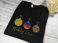 Custom Baby & Kids BLACK welsh  NADOLIG LLAWEN rainbow 3 baubles jumper