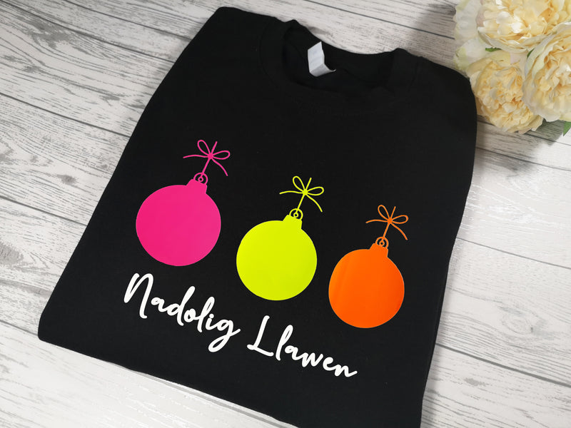 Custom Baby & Kids BLACK welsh  NADOLIG LLAWEN neon 3 baubles jumper