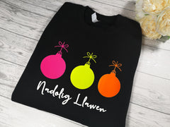 Custom Unisex BLACK welsh  NADOLIG LLAWEN neon 3 baubles jumper