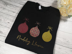 Custom Unisex BLACK welsh  NADOLIG LLAWEN tartan 3 baubles jumper