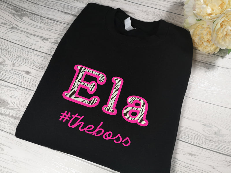 Personalised Unisex BLACK jumper with Zebra name #the boss detail