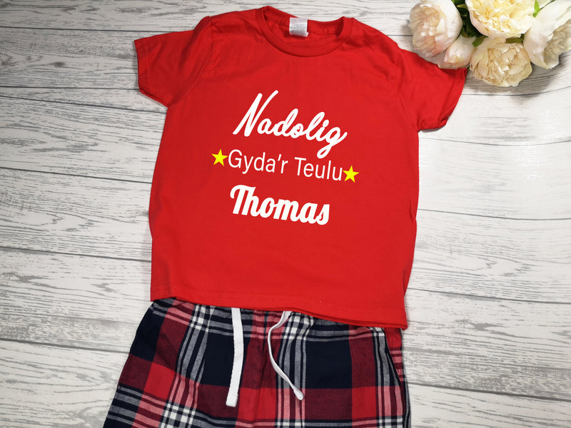 Personalised Welsh Family Christmas RED and tartan pyjamas Pjs Nadolig gyda'r teulu detail