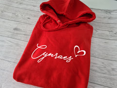 Custom welsh UNISEX RED hoodie CYMRAES heart detail
