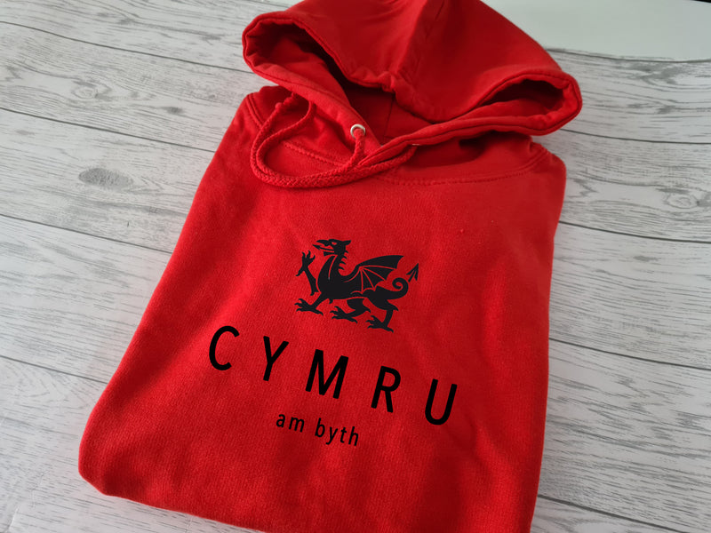 Custom welsh UNISEX RED hoodie CYMRU AM BYTH detail