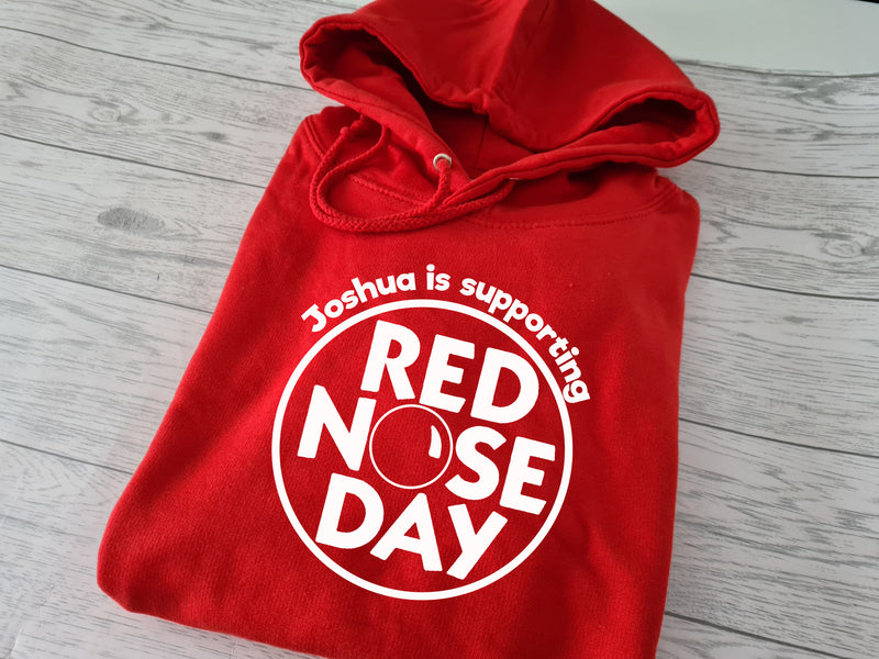 Personalised UNISEX adult RED hoodie Red nose day detail