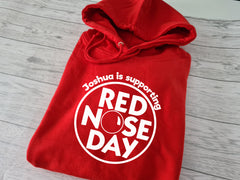 Personalised UNISEX adult RED hoodie Red nose day detail
