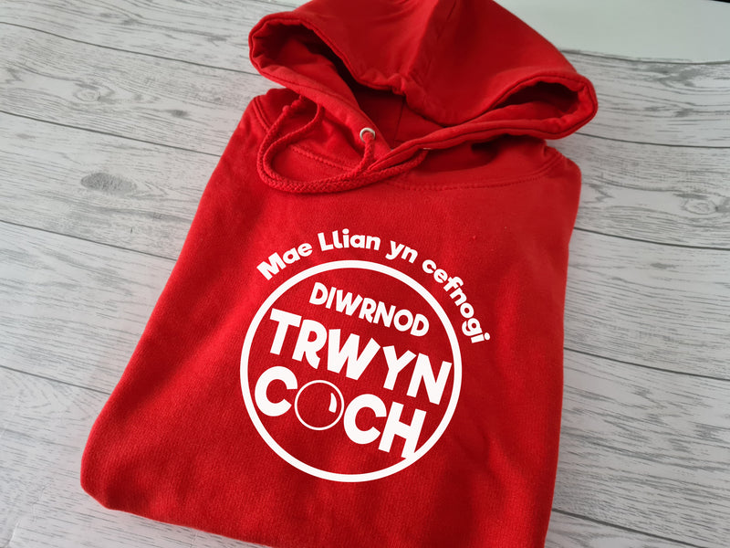 Personalised welsh UNISEX adult RED hoodie Red nose day Diwrnod trwyn coch detail