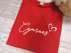 Custom Welsh RED Kids CYMRAES heart t-shirt with choice of colour detail