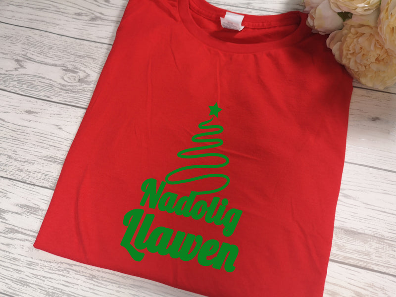 Custom Welsh Adult RED Christmas tree T-shirt Nadolig llawen