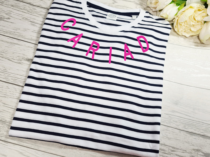 Personalised WELSH KIDS Navy stripy Collar wording T-shirt Cariad Lysh Hapus any word