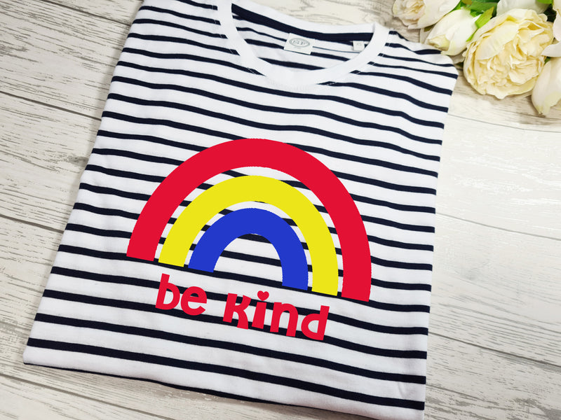 Personalised KIDS RAINBOW Navy stripy  T-shirt Any wording or name