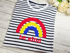 Personalised UNISEX RAINBOW Navy stripy  T-shirt Any wording or name