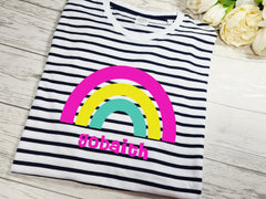 Personalised UNISEX RAINBOW Navy stripy  T-shirt Any wording or name