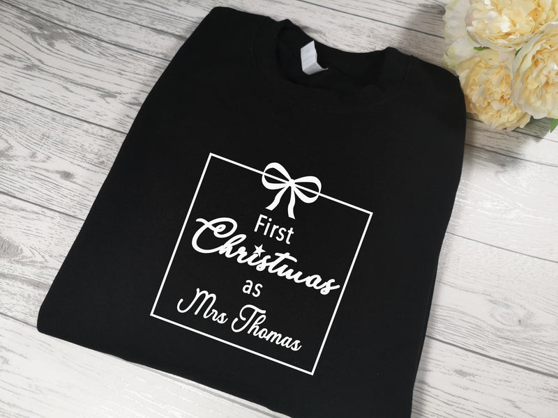 Personalised Unisex Welsh BLACK Christmas jumper First Christmas as Mrs detail