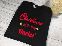 Personalised Unisex BLACK Christmas jumper First Christmas with the 'Surname' detail