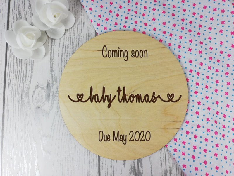 Personalised Engraved wooden Baby Announcement coming soon sign