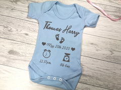 Personalised Baby blue birth details baby vest